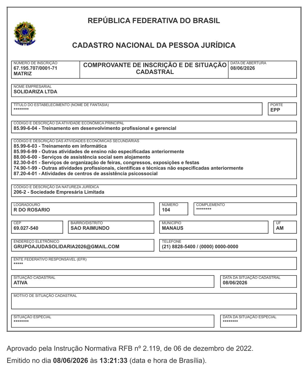 Cartão CNPJ - Comprovante de Inscrição e Situação Cadastral da Solidariza Ltda